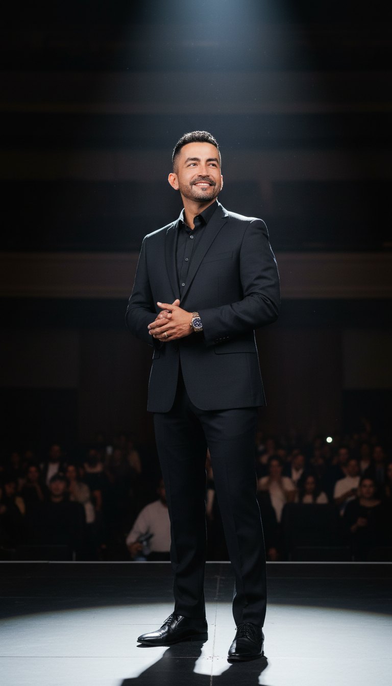 Waldir Ortiz, fundador de Power Minds, en un escenario con luces
